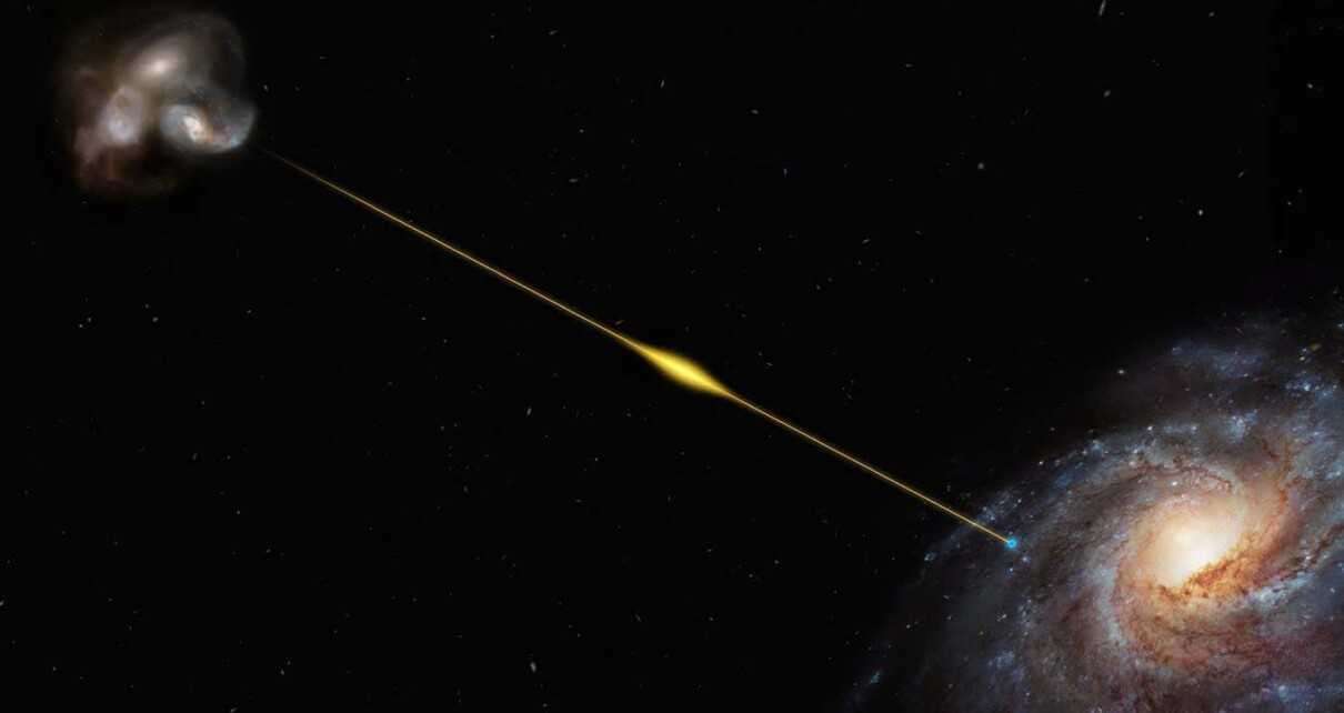 Artist's impression (not to scale) illustrates the path of the fast radio burst FRB 20220610A