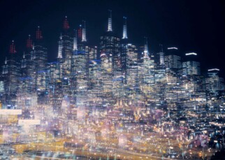 Multiple exposure image of an illuminated Melbourne skyline, Australia.