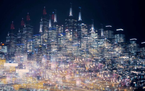 Multiple exposure image of an illuminated Melbourne skyline, Australia.