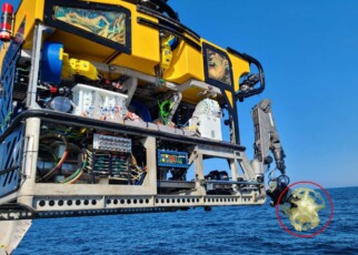 The robotic dodecahedron (circled) mounted on a submersible