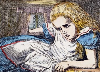 Alice grows out of the room, illustrated by Sir John Tenniel for the first edition of Lewis Carroll's "Alice's Adventures in Wonderland"