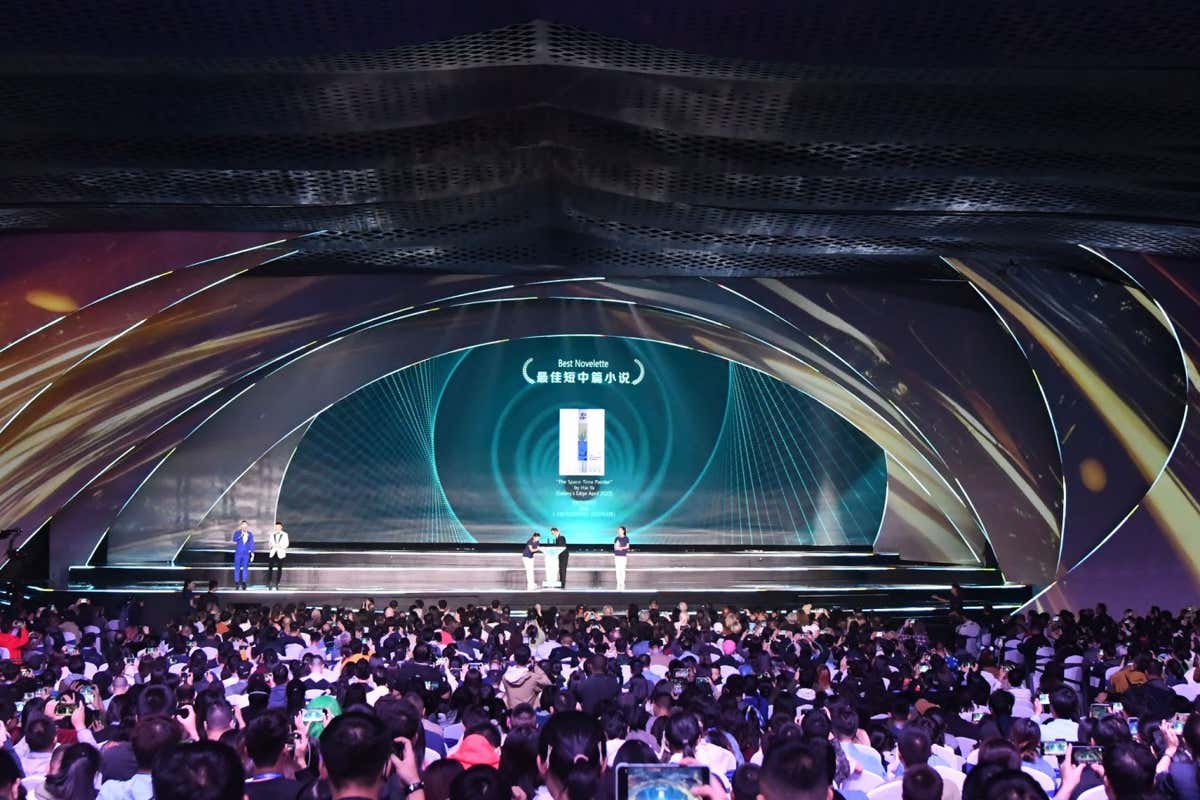 Mandatory Credit: Photo by Xinhua/Shutterstock (14160416a) This photo taken on Oct. 21, 2023 shows the award ceremony for the 2023 Hugo Awards during the 81st World Science Fiction Convention (WorldCon) in Chengdu, southwest China's Sichuan Province. The winners of the 2023 Hugo Awards, the world's top prizes for science fiction literature, were announced on Saturday night, with Chinese author Hai Ya taking home the Best Novelette award for "The Space-Time Painter." T. Kingfisher, from the United States, won the Best Novel award for "Nettle & Bone." Samantha Mills won Best Short Story for "Rabbit Test," while Seanan McGuire was named the Best Novella winner for "Where the Drowned Girls Go." The Hugo Awards, first presented in 1953 and presented annually since 1955, are science fiction's most prestigious awards. The Hugo Awards are voted on by members of the World Science Fiction Convention, which is also responsible for administering them. China Sichuan Chengdu Worldcon 2023 Hugo Awards Ceremony - 21 Oct 2023