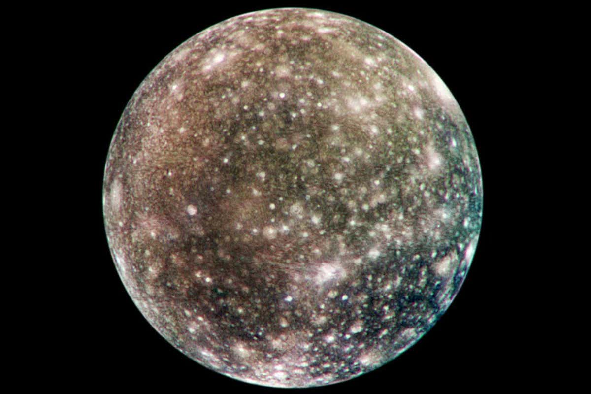 The surface of Jupiter's moon Callisto is scarred with impact craters