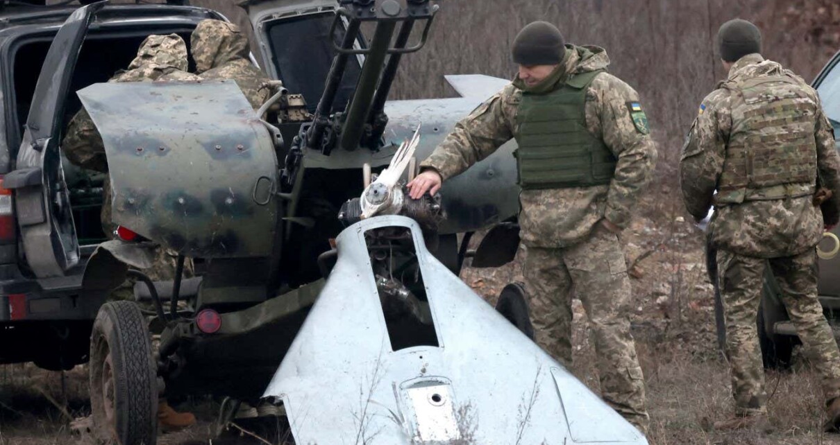The remains of a destroyed attacking drone in Ukraine in January 2024