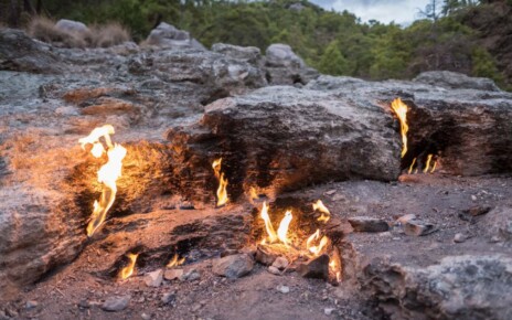 Flames of Chimera Mount from the underground. Fire from the natural gas in the rocks in Cirali, Turkey.; Shutterstock ID 1278290827; purchase_order: -; job: -; client: -; other: -