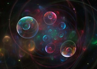 Fractal image electrons movement in a magnetic field or colorful space background. Quantum physics. Soap bubbles or photon, atom, neutrino. Nanotechnology, nanocosmos, nanoworld. 3d illustration.; Shutterstock ID 2130031907; purchase_order: -; job: -; client: -; other: -