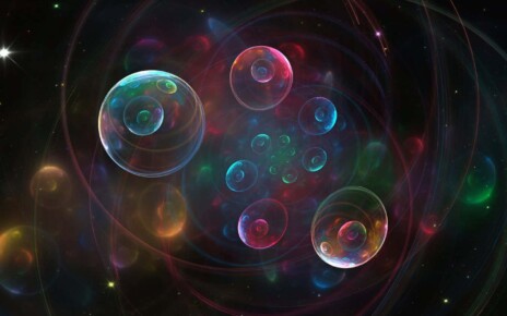 Fractal image electrons movement in a magnetic field or colorful space background. Quantum physics. Soap bubbles or photon, atom, neutrino. Nanotechnology, nanocosmos, nanoworld. 3d illustration.; Shutterstock ID 2130031907; purchase_order: -; job: -; client: -; other: -