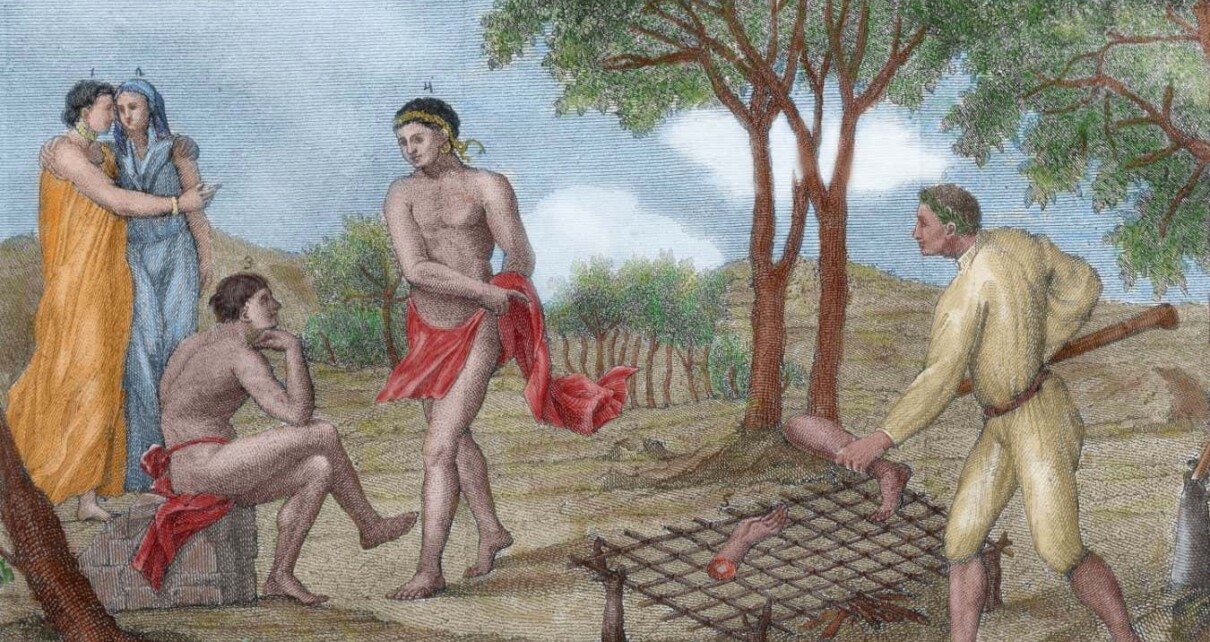 C1R8W3 Maipure Indians, inhabitants of the Upper Orinoco river, grilling the legs of a dead enemy. Italian Engraving 1781. Colored.