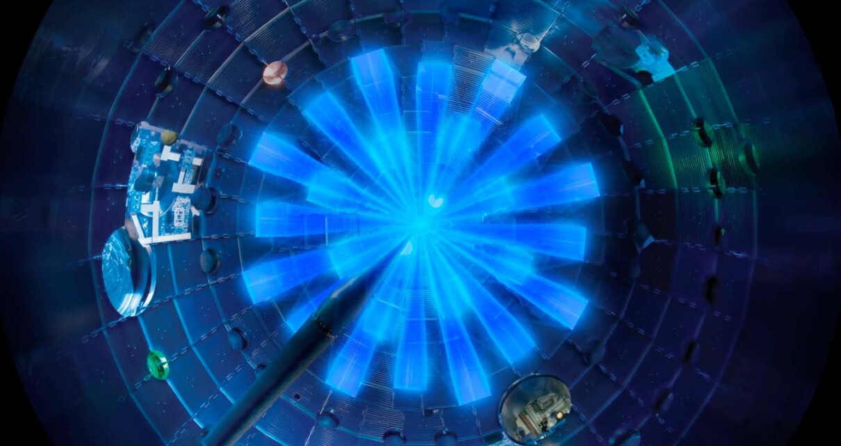 Rendering of 192 laser beams as they reach the target in the center of the National Ignition Facility’s Target Chamber