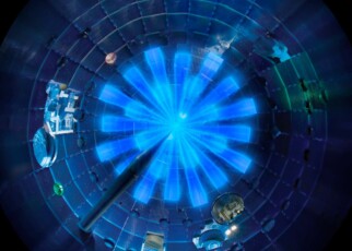 Rendering of 192 laser beams as they reach the target in the center of the National Ignition Facility’s Target Chamber