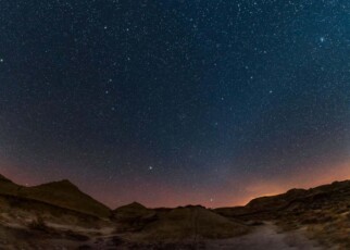 2BERRPE Spring sky panorama with Milky Way and constellations at Dinosaur Provincial Park, Canada.
