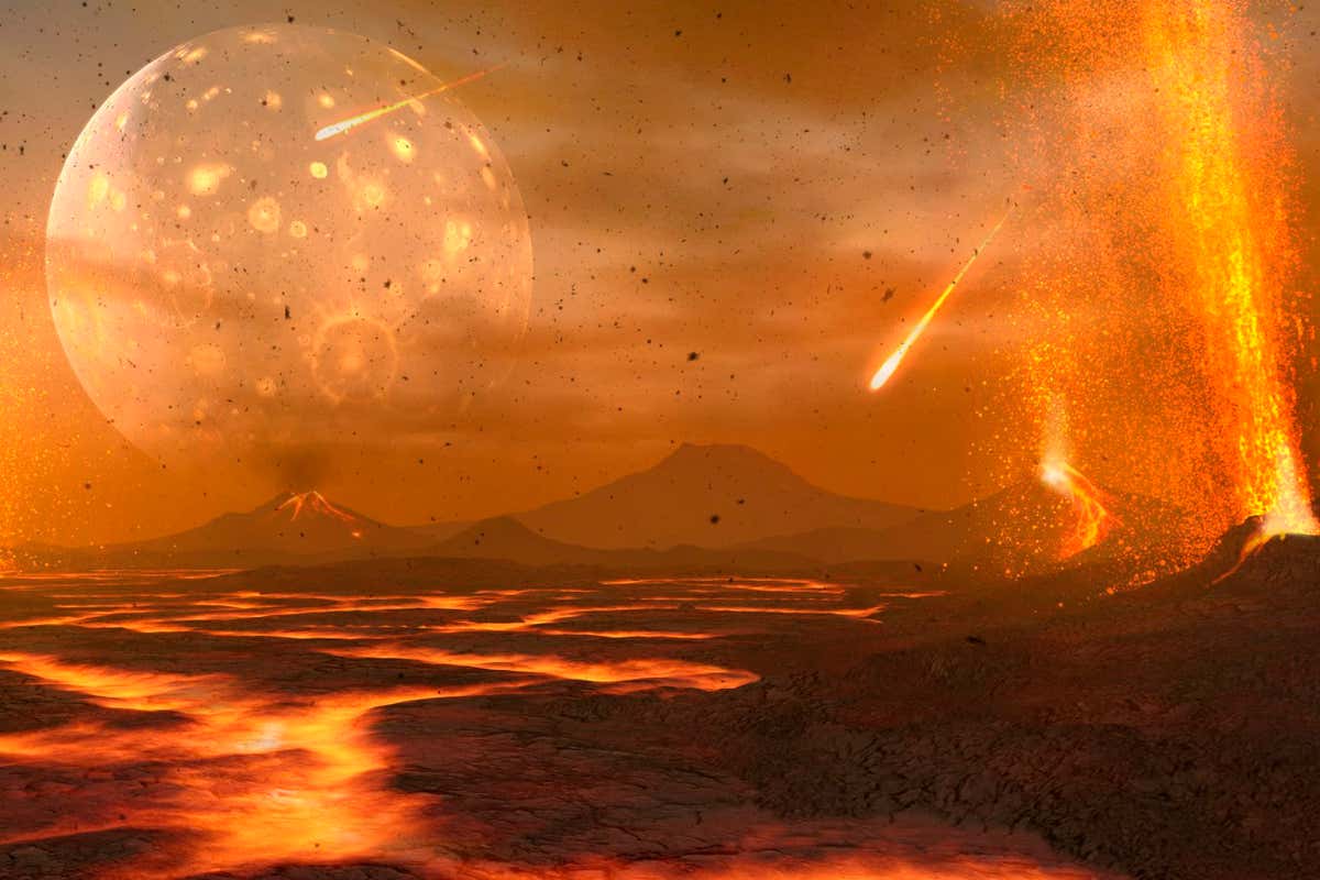 An animation of the primitive Earth in the process of formation, more than four billion years ago. We view the newborn world from its troubled surface a sea of lava dotted with volcanoes spewing more lava, ash and smoke into the atmosphere. Meteorites fall frequently, illuminating the black, lifeless, surface rocks. And in the sky, the Moon -- much closer to us then than it is now -- endures a similar bombardment.