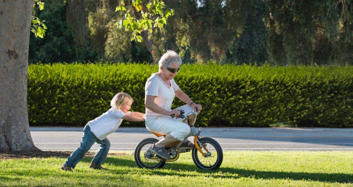 E3Y70G Three year old boy pushing grandmother on cycle in park
