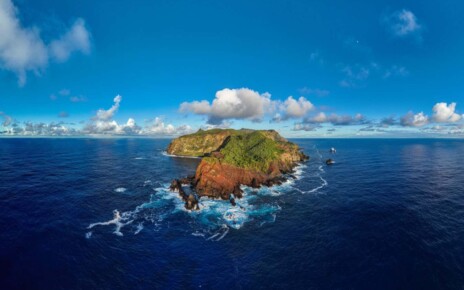 2PMHEF7 Panoramic aerial of Pitcairn island, British Overseas Territory, South Pacific, Pacific