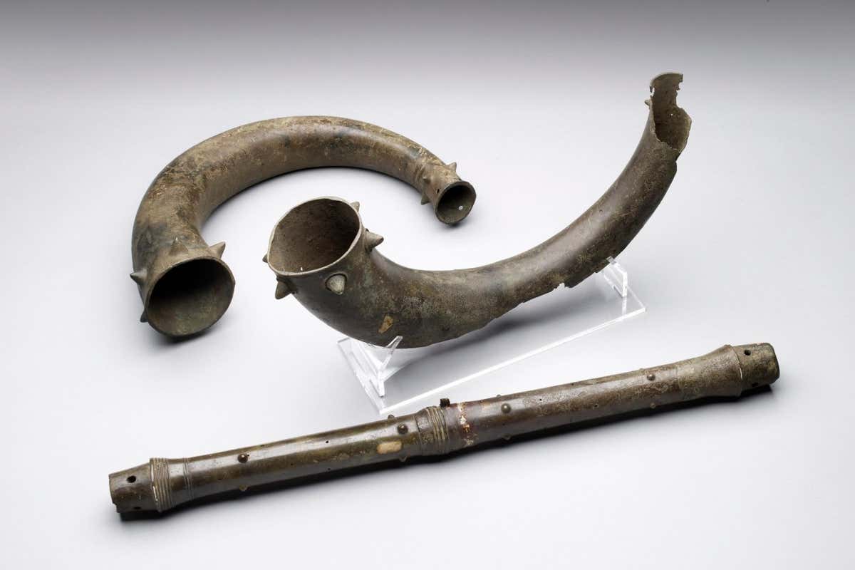 MPTKBG Trumpets and trumpet tube, Bronze Age (Britain), (c2500 BC-c800 BC). Artist: Unknown.